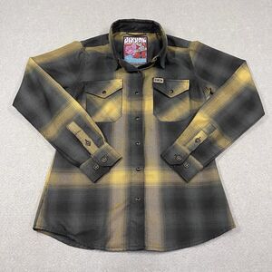 DIXXON Shirt Womens Small Black Gold Oil The Panhandle Plaid Snap Buttons
